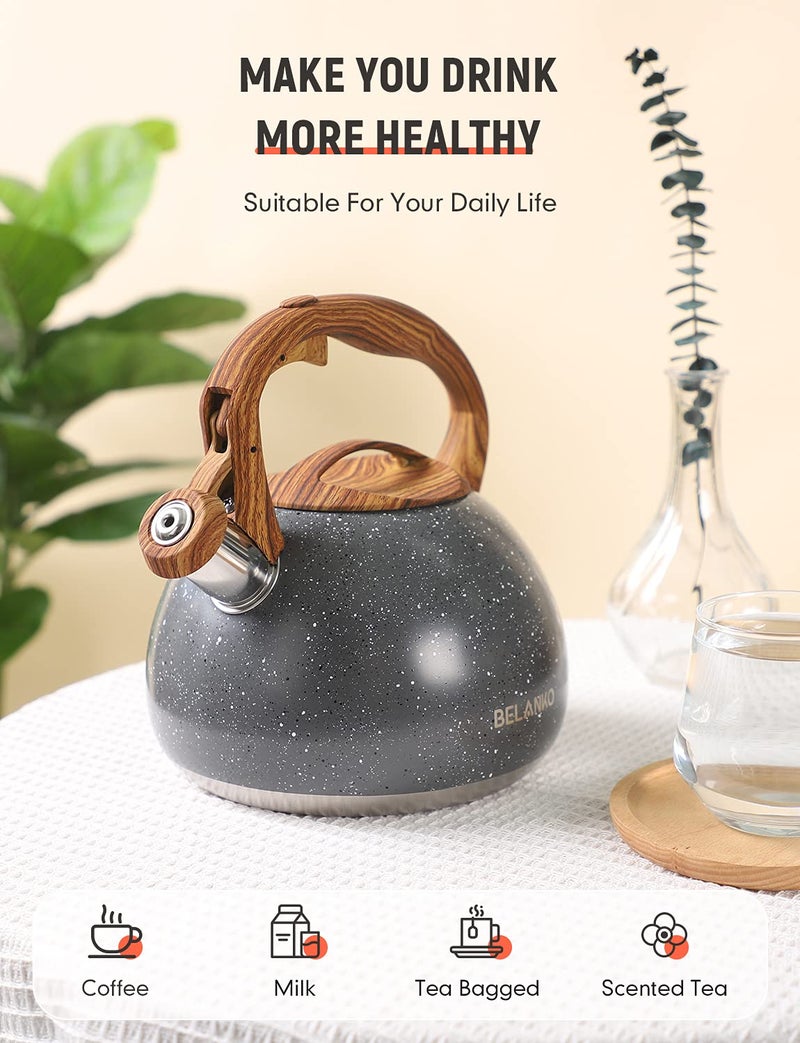 BELANKO 2.7 Quart Tea Kettle for Stovetops - Food Grade Stainless Steel Teapot with Loud Whistle, Cool-Touch Wood Pattern Handle, Rust-Resistant Whistling Kettle - Starry Gray - Image 2